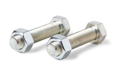 Steel bolts with nuts close up isolated on white