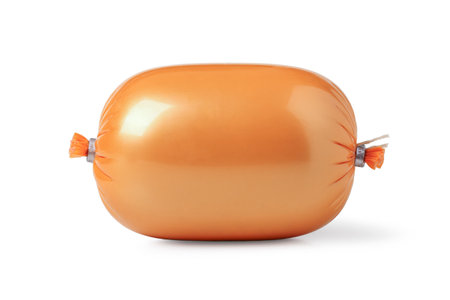Whole piece of boiled sausage isolated on whiteの写真素材