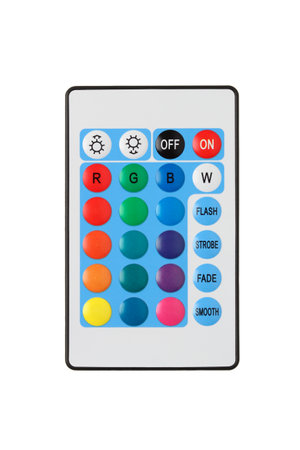 Remote control with multi-colored LED lights isolated on white background