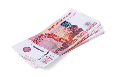 Stack of brand new Russian banknotes of five thousand rubles isolated on white