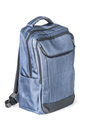 Blue backpack made of thick material close-up isolated on white backgroundの写真素材