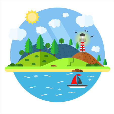 Island in the sea with lighthouse, hill, tree, mountain, fish and sailing ship. Summer time holiday voyage concept. Illustration in flat style. Travel background.のイラスト素材