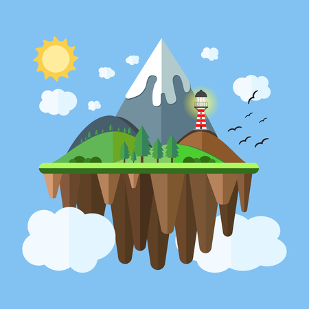 Floating island with mountain, hill, tree and birds. Summer time holiday voyage concept. Illustration in flat style. Travel background.のイラスト素材
