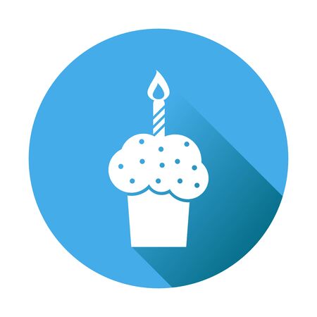 Birthday cake flat icon. Fresh pie muffin on blue round backgroundのイラスト素材