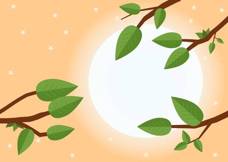 Cartoon sunset. Flat vector illustration, trees, leaf and sun.のイラスト素材