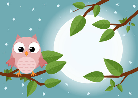 Colorful tree with cute owl. Cartoon bird in moon forest. Flat vector illustration.のイラスト素材