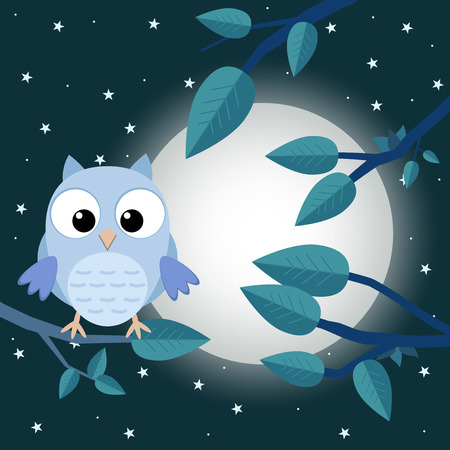 Colorful tree with cute owl. Cartoon bird in moon forest. Flat vector illustration.のイラスト素材