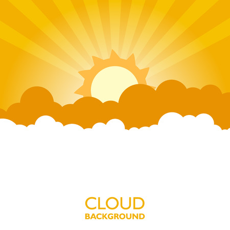 Clouds in the sky with sun rays. Flat vector illustration in cartoon style. Orange colorful background.のイラスト素材