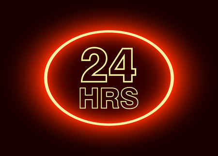 24 hours open sign, red neon billboard vector illustration