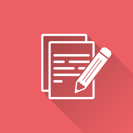 Document with pencil pictogram icon. Simple flat illustration for business, marketing internet concept on red background with long shadow. Trendy modern vector symbol for web site design or mobile appのイラスト素材