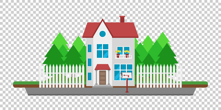 House on the road. Part of the rural and urban landscape. Vector illustration in flat style.のイラスト素材