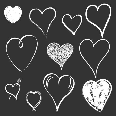 Hearts icon set. Love hand drawn vector illustration on black background.のイラスト素材