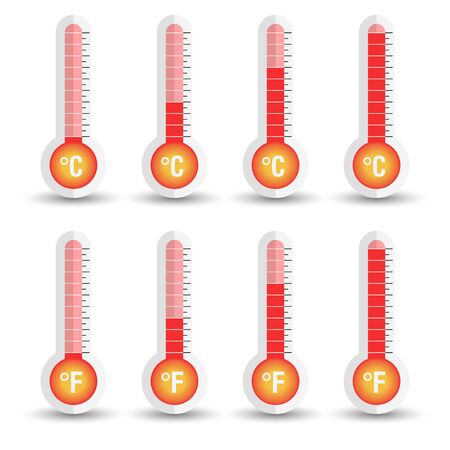 Celsius and Fahrenheit thermometers icon with different levels. Flat vector illustration isolated on white background.のイラスト素材