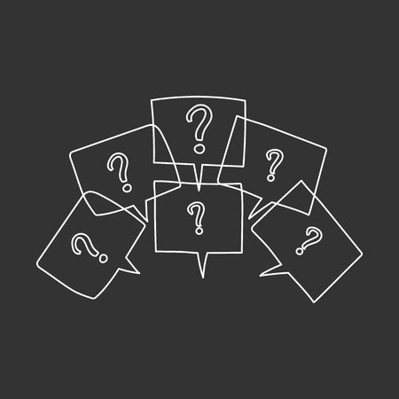 Question marks in thought bubbles. Hand drawn line art cartoon vector illustration on black...