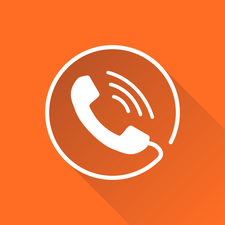 Phone icon vector, contact, support service sign isolated on round orange background with long shadow. Telephone, communication icon in flat style.のイラスト素材