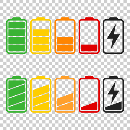 Battery icon vector set on isolated background. Symbols of battery charge level, full and low. The degree of battery power flat vector illustration.のイラスト素材