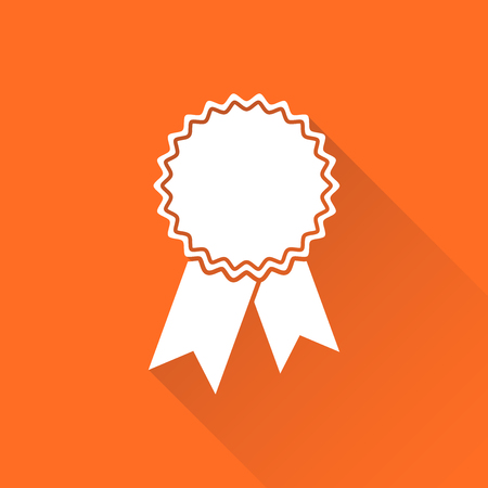 Badge with ribbon icon. Vector illustration in flat style on orange background with long shadow.のイラスト素材