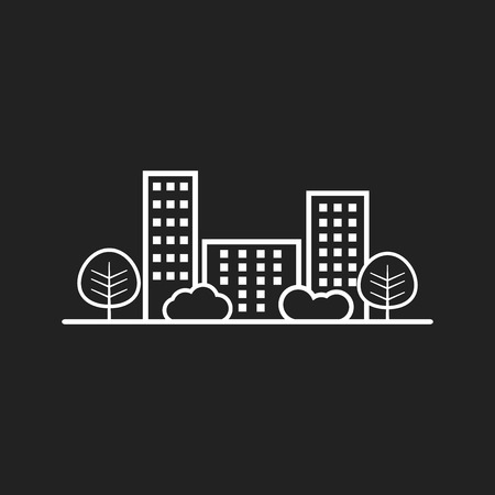Vector city illustration in flat style. Building, tree and shrub on black backgroundのイラスト素材