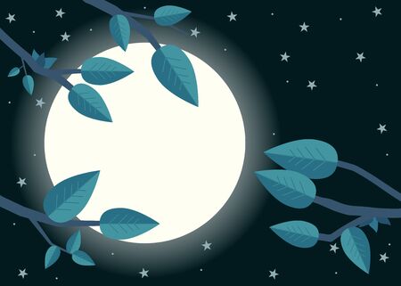 Cartoon night with moon. Flat vector illustration, trees, leaf and moon.のイラスト素材