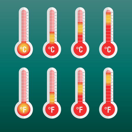 Thermometers icon with different levels. Flat vector illustration on green background.のイラスト素材