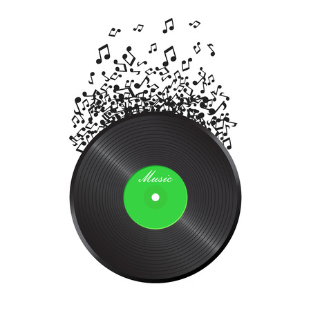 Vinyl disk with flying sound note. Music disk vector illustration. Sound record.のイラスト素材