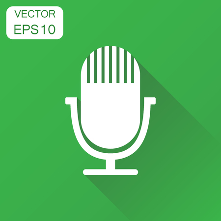 Microphone icon. Business concept microphone pictogram. Vector illustration on green background with long shadow.のイラスト素材