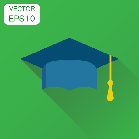 Diploma student cap icon. Business concept finish education hat pictogram. Vector illustration on green background with long shadow.のイラスト素材