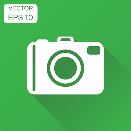 Camera photographer icon. Business concept photography camera pictogram. Vector illustration on green background with long shadow.のイラスト素材