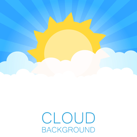 Clouds in the sky with sun rays. Flat vector illustration in cartoon style. Blue colorful background.のイラスト素材