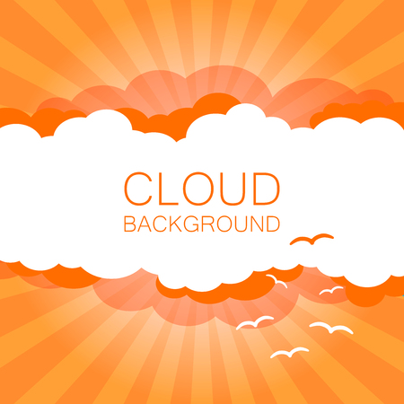 Clouds in the sky with sun rays. Flat vector illustration in cartoon style. Orange colorful sunset background.のイラスト素材