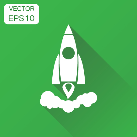 Rocket icon. Business concept rocket launch pictogram. Vector illustration on green background with long shadow.のイラスト素材