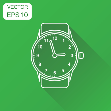 Watch icon. Business concept clock in line style pictogram. Vector illustration on green background with long shadow.のイラスト素材