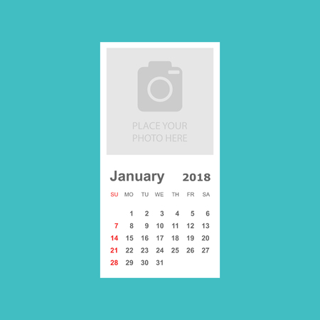 January 2018 calendar. Calendar planner design template with place for photo. Week starts on sunday. Business vector illustration.のイラスト素材
