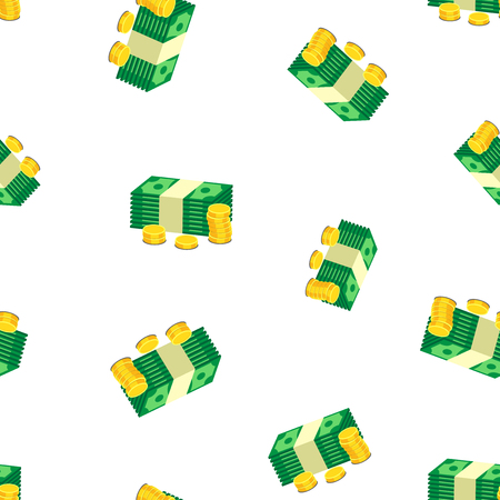 Stacks of gold coins and dollar cash seamless pattern background. Business flat vector illustration. Money sign symbol pattern.のイラスト素材
