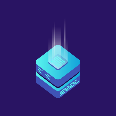 A Mining bitcoin server vector icon in isometric style on Block chain concept.
