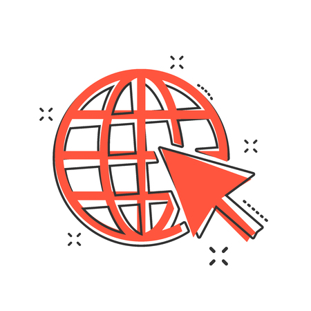 Vector cartoon go to web icon in comic style. Globe world sign illustration pictogram. WWW url business splash effect concept.のイラスト素材