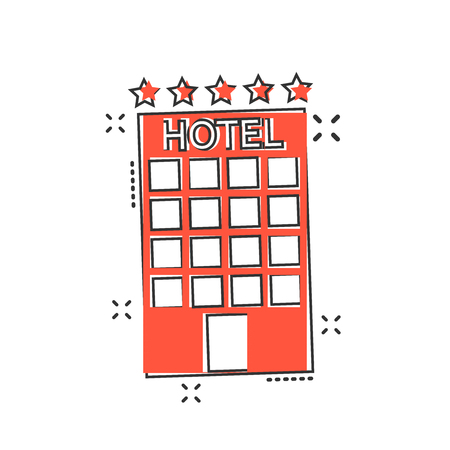 Vector cartoon hotel icon in comic style. Tower sign illustration pictogram. Hotel apartment business splash effect concept.のイラスト素材