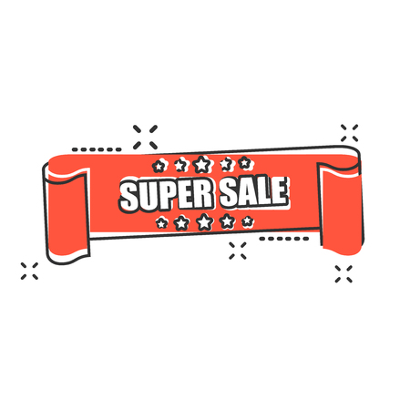 Vector cartoon super sale ribbon icon in comic style. Discount, sale sticker label sign illustration pictogram. Super sale tag business splash effect concept.のイラスト素材