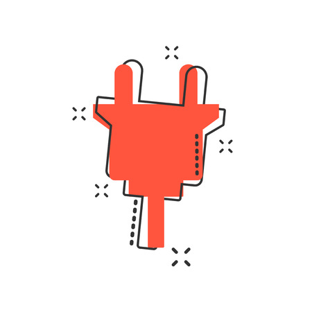 Vector cartoon electric plug sign icon in comic style. Power plug sign illustration pictogram. Electric cable business splash effect concept.のイラスト素材