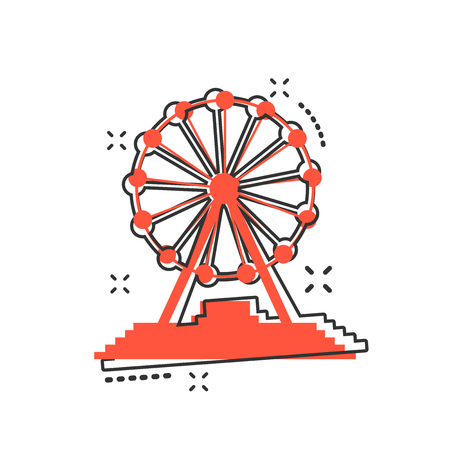 Vector cartoon ferris wheel icon in comic style. Carousel in park sign illustration pictogram. Amusement ride business splash effect concept.のイラスト素材