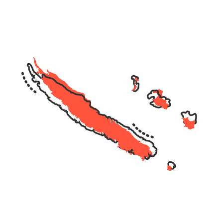 Vector cartoon New Caledonia map icon in comic style. New Caledonia sign illustration pictogram. Cartography map business splash effect concept.のイラスト素材