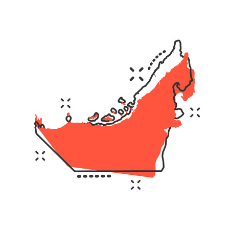 Vector cartoon United Arab Emirates map icon in comic style. United Arab Emirates sign illustration pictogram. Cartography map business splash effect concept.のイラスト素材