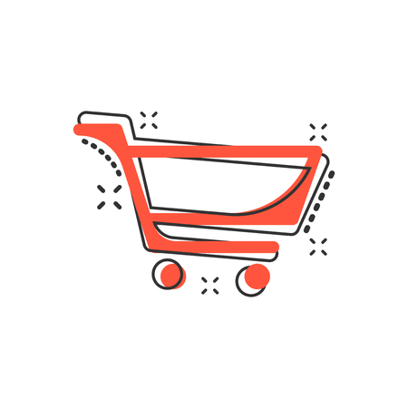 Vector cartoon shopping cart icon in comic style. Shop bag sign illustration pictogram. Mall business splash effect concept.のイラスト素材