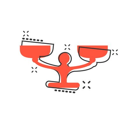 Vector cartoon scale weigher icon in comic style. Weigher sign illustration pictogram. Balance business splash effect concept.のイラスト素材
