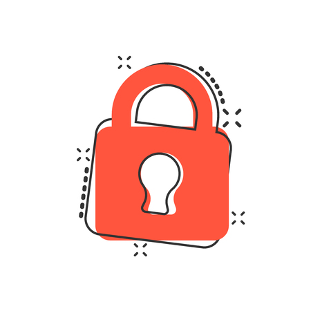 Vector cartoon lock icon in comic style. Padlock locker sign illustration pictogram. Padlock business splash effect concept.のイラスト素材