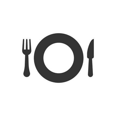 Fork and knife restaurant icon in flat style. Dinner equipment vector illustration on white isolated background. Restaurant business concept.のイラスト素材