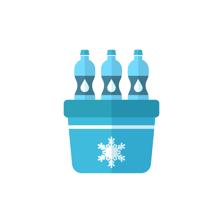 Portable fridge refrigerator with water bottle icon in flat style. Freezer bag container vector illustration on white isolated background. Fridge and soda drink business concept.のイラスト素材