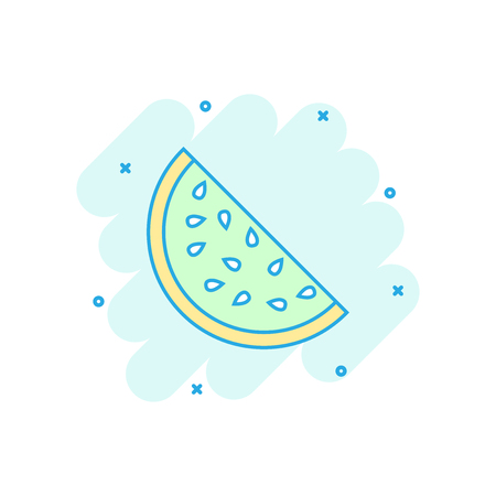 Cartoon colored watermelon icon in comic style. Juicy ripe fruit illustration pictogram. Watermelon sign splash business concept.のイラスト素材