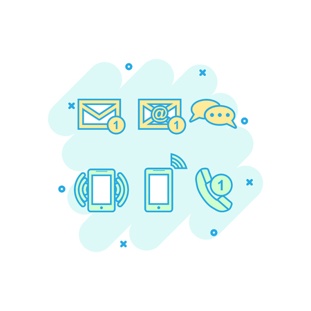 Cartoon colored contact buttons icon in comic style. Email, envelope, phone, mobile illustration pictogram. Communication sign splash business concept.のイラスト素材