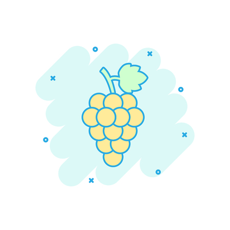 Vector cartoon grape fruit with leaf icon in comic style. Bunch of wine illustration pictogram. Grapevine business splash effect concept.のイラスト素材